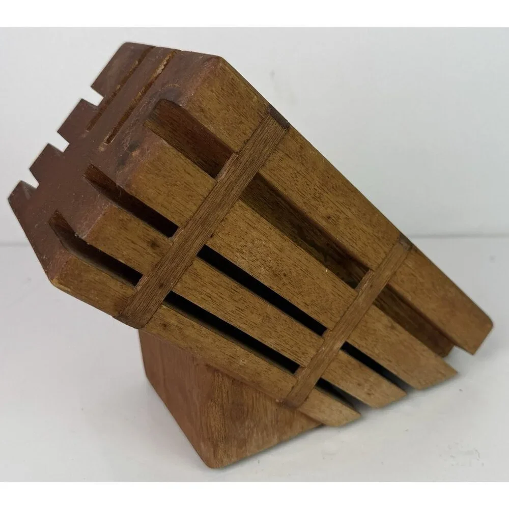 Vintage Wooden‎ 8 Slot Knife Block MCM Retro Kitchen Angled Countertop Organizer
